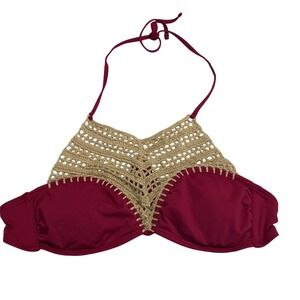 The Bikini Lab Swim Top Women Small Burgundy Excellent Crochet Halter Boho